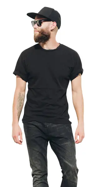 Cool Man Met Baard Zwart Wit Shirt Met Ruimte Voor — Stockfoto