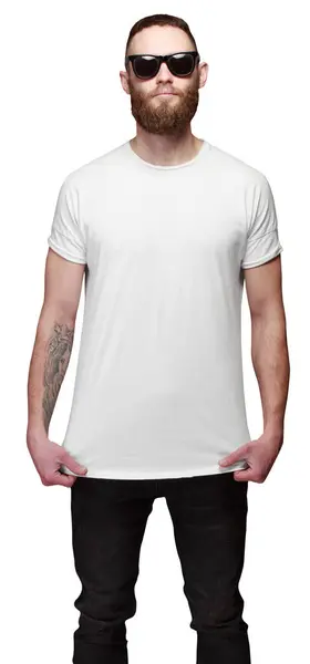 Hipster Όμορφο Ανδρικό Μοντέλο Γενειάδα Φορώντας Λευκό Κενό Shirt Χώρο — Φωτογραφία Αρχείου