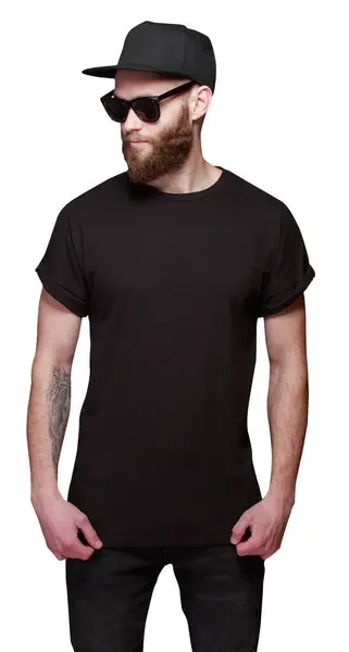 Hipster Homme Portant Shirt Blanc Noir Avec Espace Pour Votre — Photo