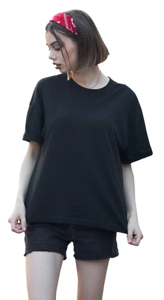 Kobieta Czarnym Czystym Shircie Miejscem Logo Białym Tle — Zdjęcie stockowe