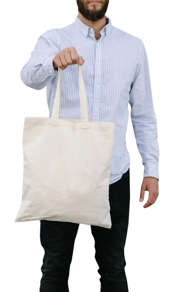 Mladý Muž Drží Bílou Textilní Eko Tašku Bílá Eko Taška — Stock fotografie