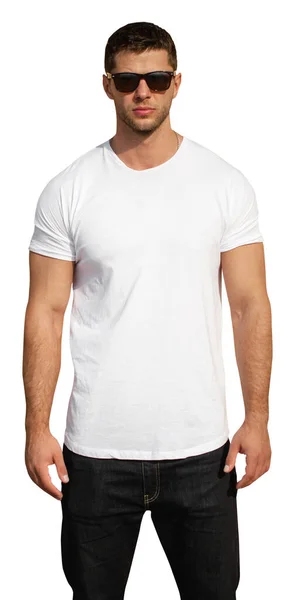 Hombre Guapo Con Camiseta Blanca Blanco Sobre Fondo Blanco —  Fotos de Stock