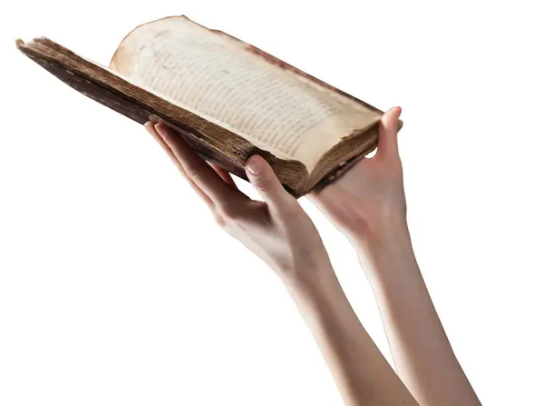 Vrouw Houden Lezen Van Bijbel Geïsoleerd Witte Achtergrond — Stockfoto