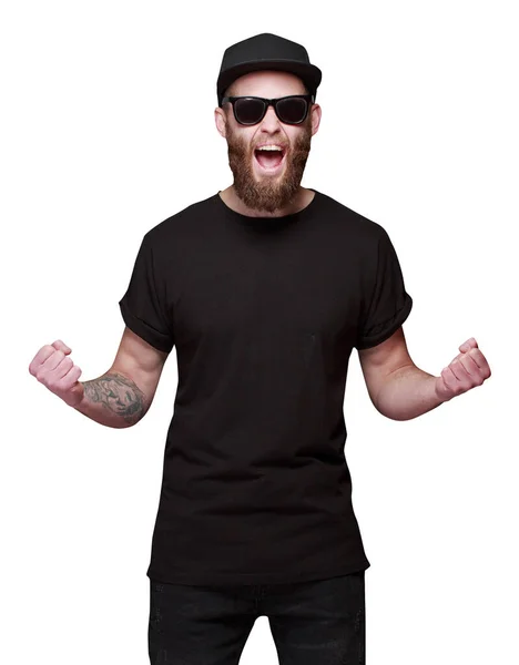 Hipster Knappe Man Model Met Baard Dragen Zwart Wit Shirt — Stockfoto