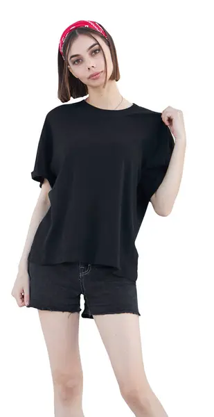 Woman Wearing Black Blank Shirt Space Your Logo Mock Design — Stock Photo, Image