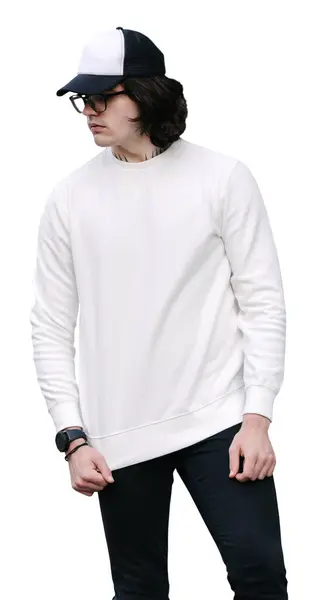 Man Wearing White Sweatshirt Hoodie Baseball Cap Glasses Isolated White — Stock Photo, Image