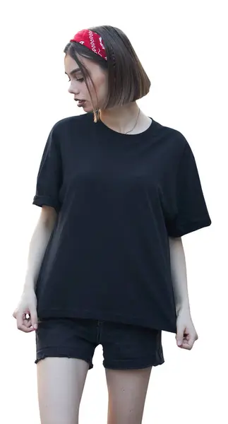 Femme Portant Shirt Blanc Noir Avec Espace Pour Votre Logo — Photo