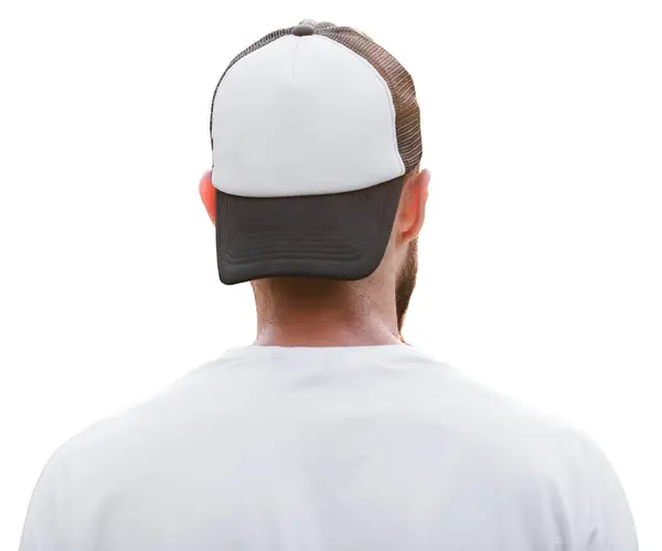 空无一人的棒球帽在一个被白色背景隔开的男人的背景色上 — 图库照片