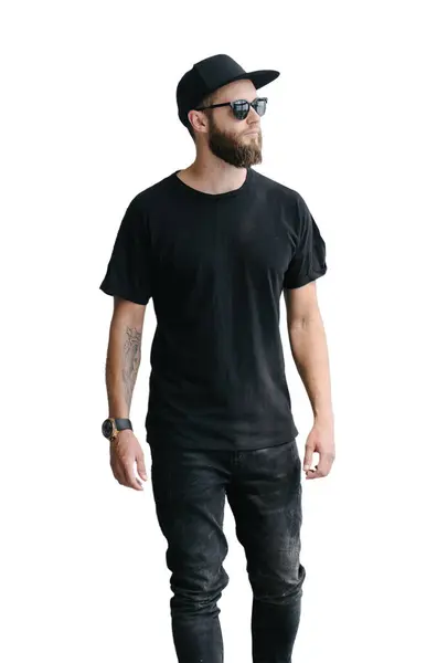 Hipsterski Przystojny Mężczyzna Model Brodą Czarnej Pustej Koszulce Czapce Daszkiem Obraz Stockowy