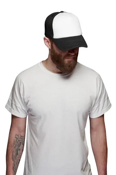 Mann Mit Bart Trägt Weißes Shirt Und Baseballmütze Stockbild