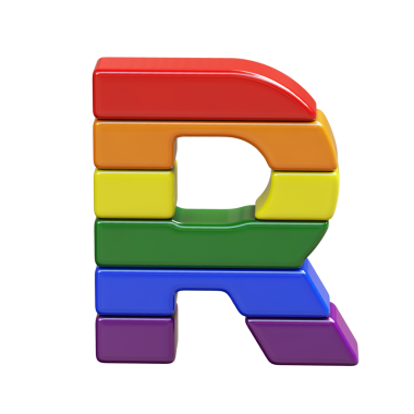 LGBT bayrak renklerinden yapılmış 3D sembol. harf r