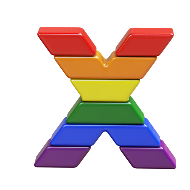 LGBT bayrak renklerinden yapılmış 3D sembol. X harfi
