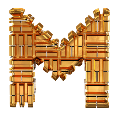 Altından yapılmış 3 boyutlu bir sembol. M harfi