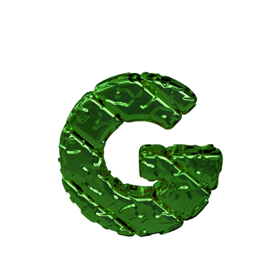 Kaba çapraz bloklardan yapılmış yeşil bir sembol. Yukarıdan bak. G harfi