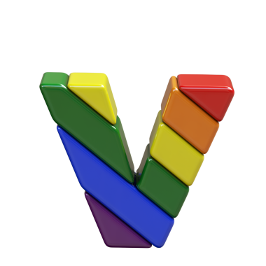 LGBT bayrak renklerinden yapılmış 3D sembol. V harfi