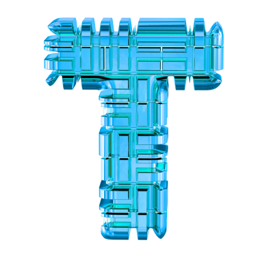 Mavi dönüşümlü metalden yapılmış sembol. t harfi