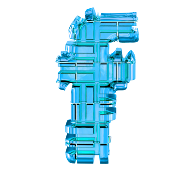 Mavi dönüşümlü metalden yapılmış sembol. F harfi