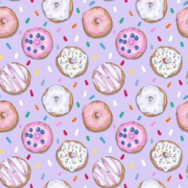 Tatlı donutlar, kusursuz desenler. Kumaş ve tekstil tasarımı için arka plan, duvar kağıdı, ambalaj, gıda tasarımı, menü tasarımı, dekorasyon.