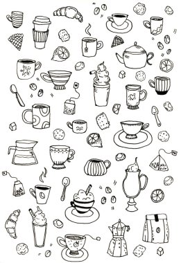 Eskiz simgeleri, içecek ürünleri seti, kahve ve çay boyama sayfası.