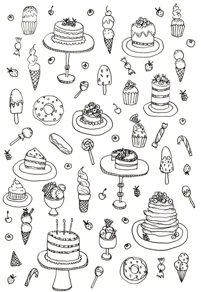 Sketch icons illustration set of desserts and bakery products, colouring page of sweets.
