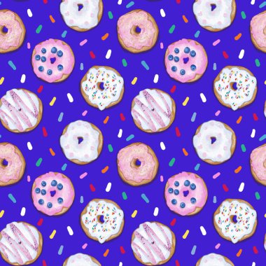 Donut kusursuz desen. Kumaş ve tekstil tasarımı, duvar kağıdı, ambalaj, gıda tasarımı, menü tasarımı, dekorasyon.