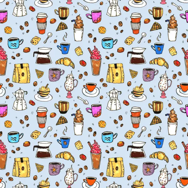 Hand drawn doodle coffee seamless pattern. Illustration for fabric und textile design, wallpaper, packaging, food and beverage design, menu design, decoration.