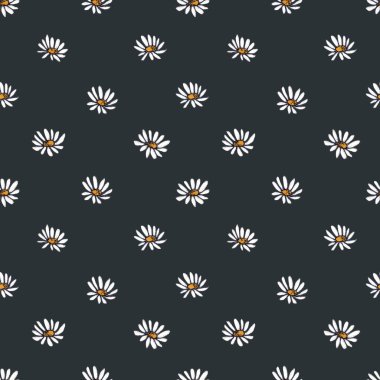 Daisy 'nin siyah arka planda kusursuz bir deseni var. Kumaş ve tekstil tasarımı için resim, duvar kağıdı, moda tasarımı.