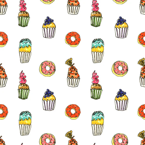 Muffin and donut doodle seamless pattern. Background for fabric und textile design, wallpaper, wrapping, food design, gift packaging, decoration.