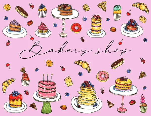 Bakery shop horizontal banner, bakery logo design, food packaging. Cakes, donuts, pancakes, cupcakes, croissants, cookies, waffle in cartoon style.
