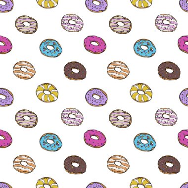 Karalama tarzında kusursuz donut deseni. Kumaş ve tekstil tasarımı, duvar kağıdı, ambalaj, gıda tasarımı, menü tasarımı, dekorasyon.