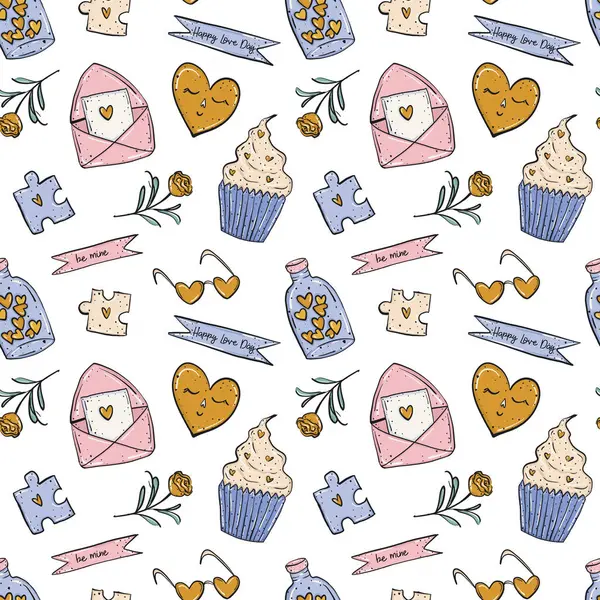 Romantic seamless pattern on transparent background, illustration in doodle style for valentines day, stationery, greeting cards, wrapping and textile design etc.
