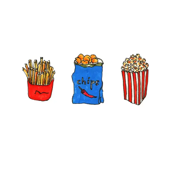 Fast food cartoon icon set. Fries, chips, popcorn for takeaway cafe design. Hand drawn illustration of street food in doodle style.