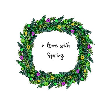 Beyaz arka planda el çizimi bahar çiçekli çerçeve. Tebrik kartı tasarımı, kartpostallar, duvar kağıtları, moda için mükemmel..