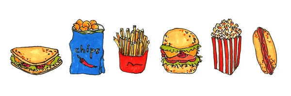Fast food cartoon icon set. Fries, chips, popcorn, sandwich, hamburger, hotdog for takeaway cafe design. Hand drawn illustration of street food in doodle style.
