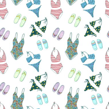 Klasik bikinili, dikişsiz desen. Şirin kız şablonu, yaz hakkında karalama. Parmak izi, ambalaj, çanta, tekstil tasarımı, kırtasiye malzemeleri için sevimli el çizimleri.