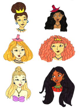 Farklı cinsiyetten genç kadınların portreleri. Çeşitlilik. Elindeki güzel kızlar prenses gibi çizilmiş. El çizimi kız moda illüstrasyonu.