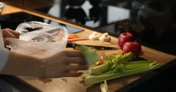Levágott Női Kezek Amint Elviszik Ételt Hulladékot Műanyag Zacskóba Kaparják — Stock videók