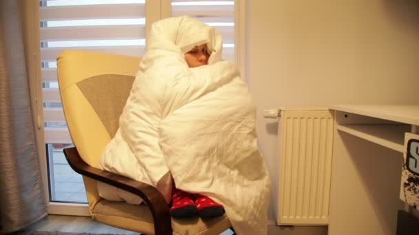 Sick Woman Sit Room Dim Light Armchair Wrap Warm White — Stock Video