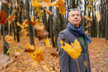 Gri ceket, mavi atkı, kot pantolon, gözlük takan, açık havada duran, sonbaharda orman ormanlarında uçan sarı yaprakların arasında ağaçların arasında poz veren orta yaşlı yakışıklı bir adamın portresi..