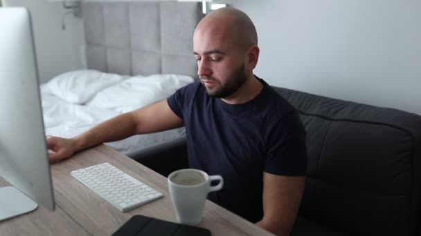 Serious Confident Mature Bald Bearded Man Working Computer Typing Keyboard — Stockvideo