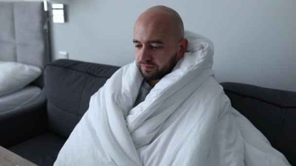 Tired Sad Mature Bearded Man Wrapped White Blanket Coughing Blowing — Stock video