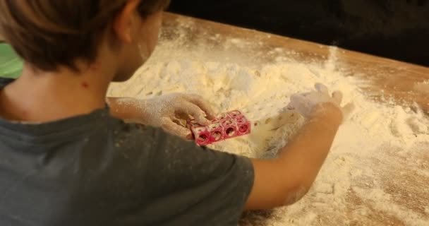 Back View Focused Dirty Preteen Boy Playing Flour Dough Plastic – Stock-video