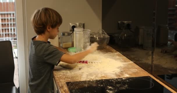 Side View Excited Dirty Preteen Boy Playing Flour Dough Plastic – Stock-video