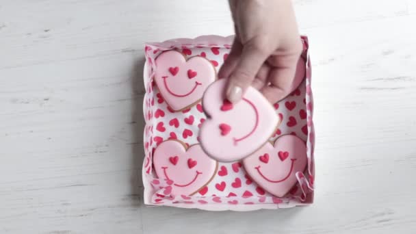 Womens Hands Take Out Box Gingerbread Shape Smiling Hearts Wonderful — Wideo stockowe