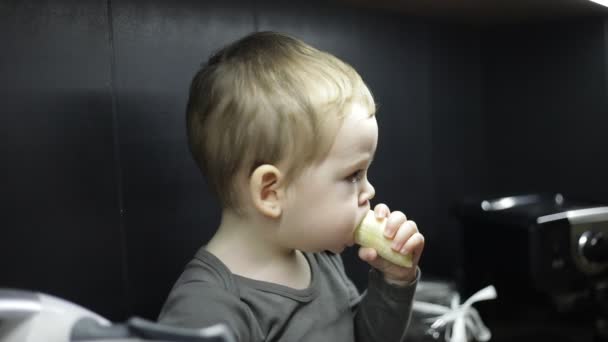 Вид Сбоку Симпатичного Маленького Мальчика Короткими Светлыми Волосами Сидящего Дома — стоковое видео