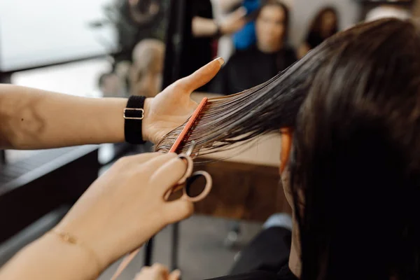 Foto Recortada Mujer Peluquera Peluquero Esteticista Haciendo Peinado Cepillo Pelo — Foto de Stock
