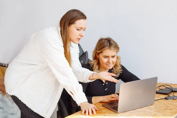 Two beautiful young business woman employees work in office with laptop book. Modern technologies. Work online. Training and education. Modern women. Friendly team. Consulting company.