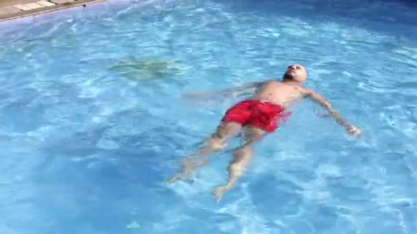Calvo Uomo Rasato Pantaloncini Rossi Nuotare Sul Retro Piscina Blu — Video Stock