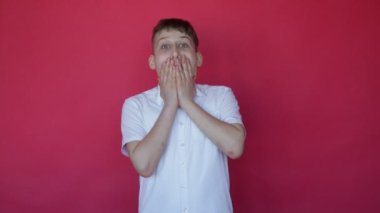 Aleasant beklenmedik bir sürpriz. Kısa kollu tişörtlü 12 yaşındaki genç çocuk stüdyoda kırmızı arka planda olmaktan çok mutlu. Yüz ifadeleri ve olumlu duygular. Tam HD görüntüler.