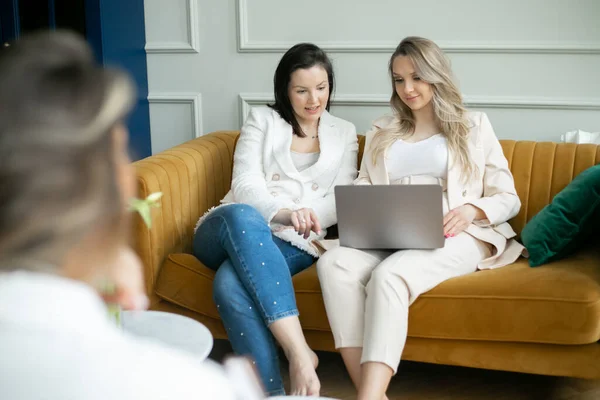 Gorgeous women relax on sofa, work on laptop and discuss working issues in living room. Friends on business meeting. Working lifestyle, freelance. Home photo of attractive business ladies.